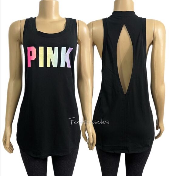 Victoria’s Secret Pink Logo Racerback Open Back tank top black Xlarge - Picture 1 of 3
